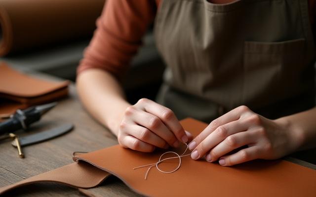 Artesana cosiendo un bolso de cuero genuino