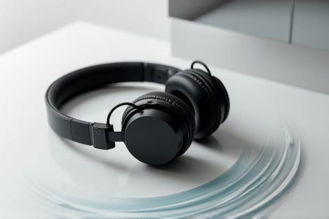 Auriculares modernos y un logotipo abstracto que representa el sonido de una marca.