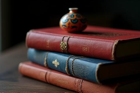 Libros antiguos y objetos artesanales colombianos sobre una mesa de madera.