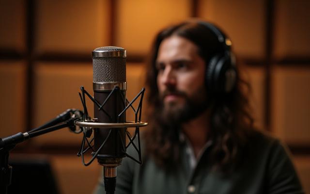 Micrófono de estudio y equipo de grabación en un ambiente cálido.