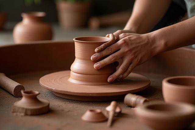 Manos de artesano trabajando con barro, con un enfoque cálido y un aire de tradición.